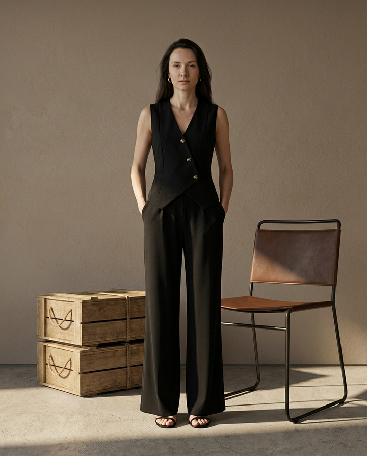 Garnitur Damski Kira | Elegancka Kamizelka i Spodnie z Szeroką Nogawką - 4