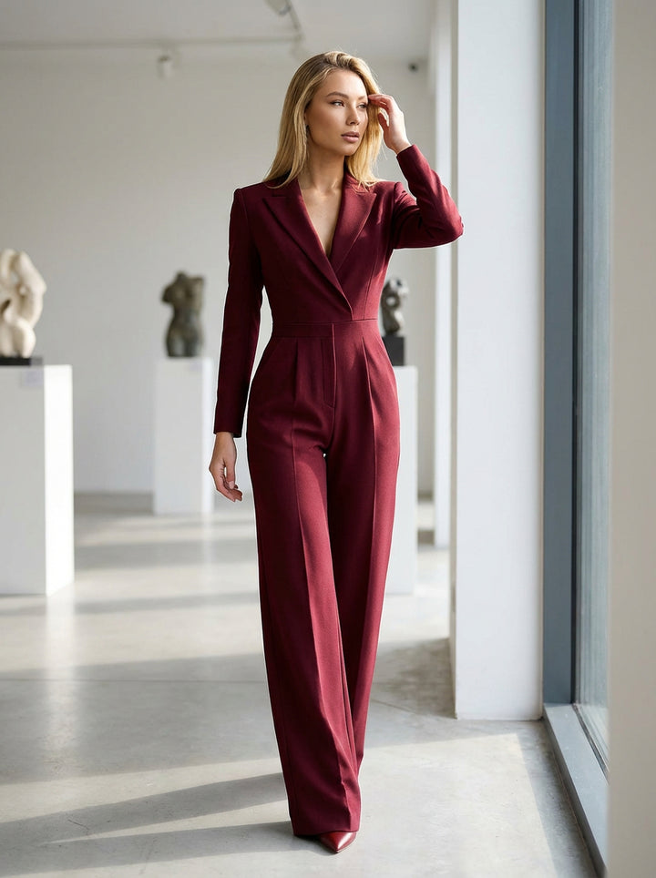 Elegancki Kombinezon Damski z Dekoltem w Serek | Marynarkowy Krój | Długie Rękawy | Szerokie Nogawki