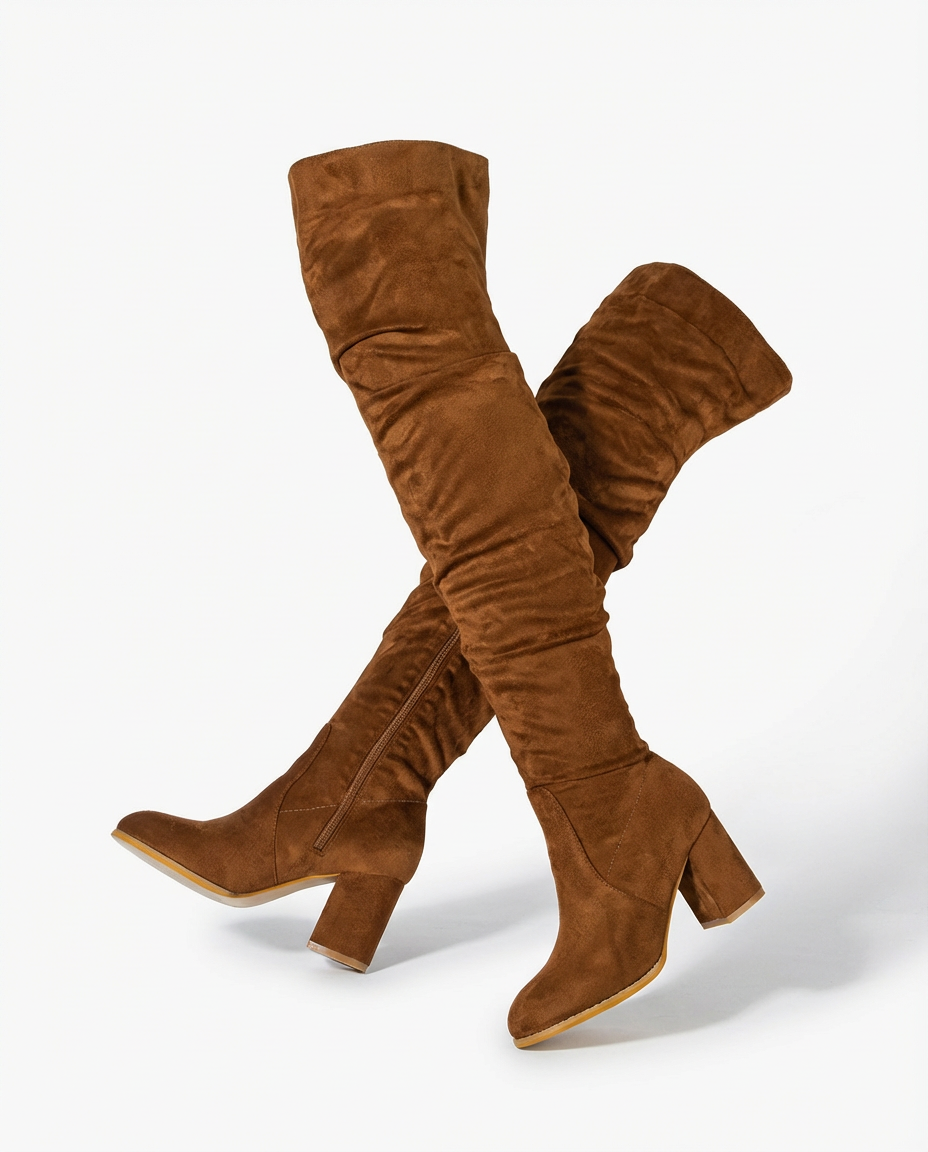Kozaki Za Kolano Damskie | Zamszowy Efekt | Obcas Słupkowy | Styl na Jesień i Zimę - 11