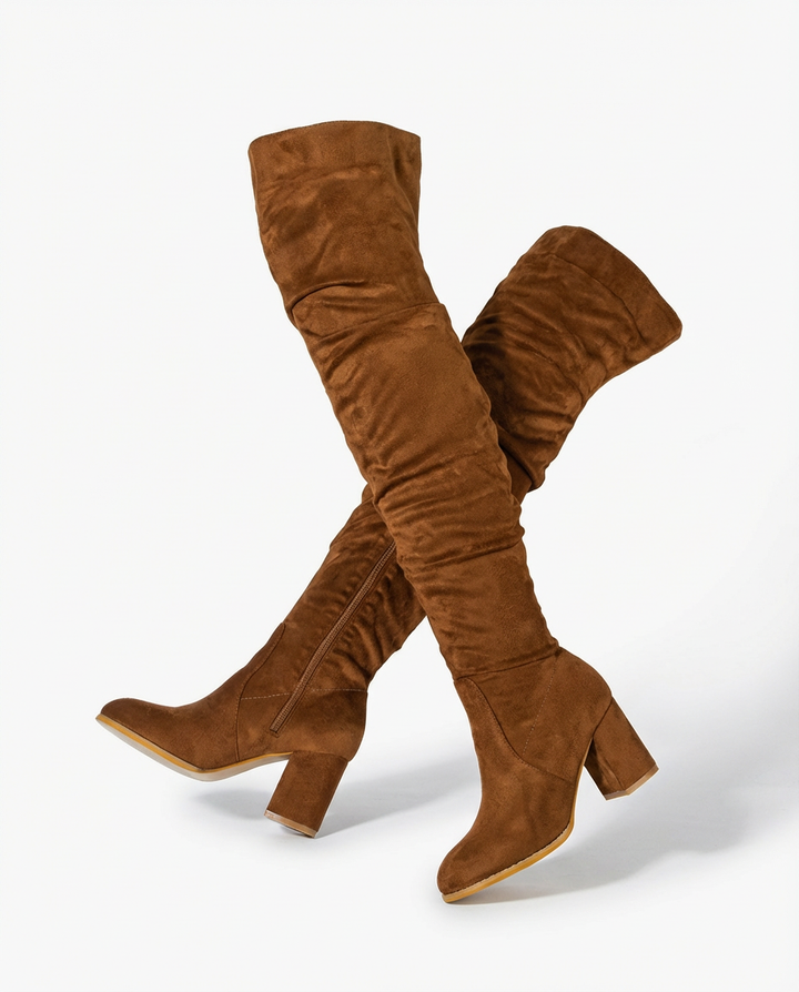 Kozaki Za Kolano Damskie | Zamszowy Efekt | Obcas Słupkowy | Styl na Jesień i Zimę - 11