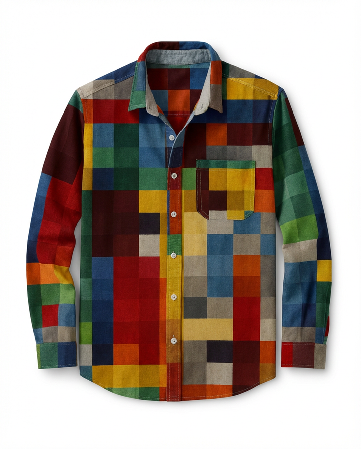 Męska Koszula w Stylu Patchwork | Luźny Krój | Bawełniana Tkanina | Artystyczny Design - 1