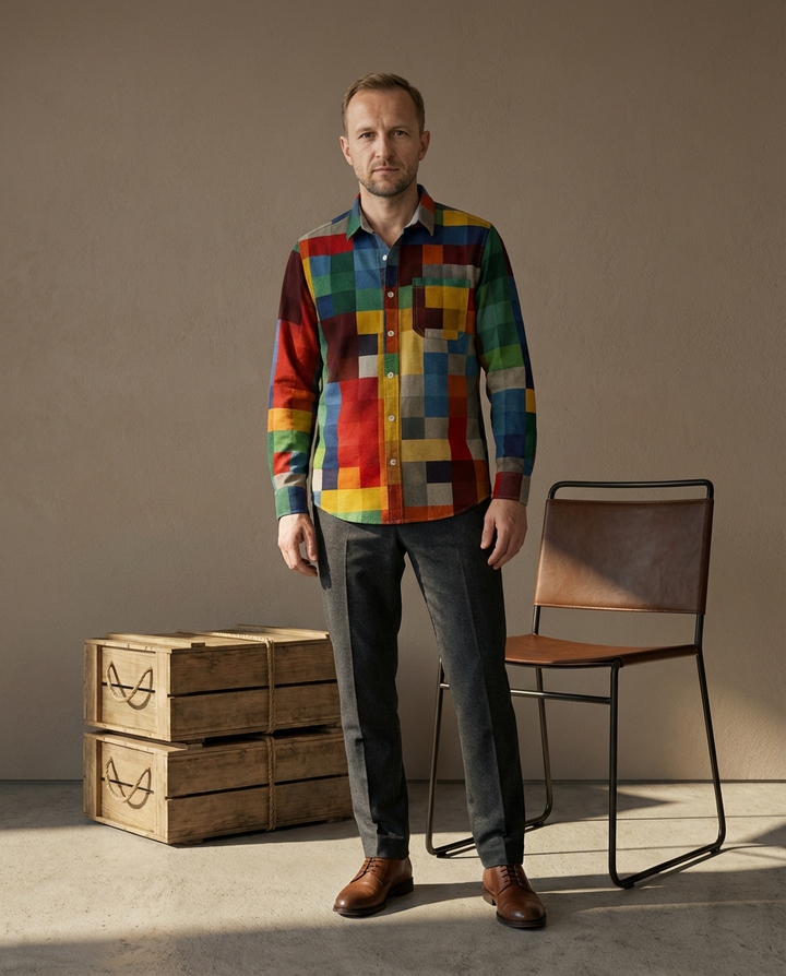 Męska Koszula w Stylu Patchwork | Luźny Krój | Bawełniana Tkanina | Artystyczny Design - 2