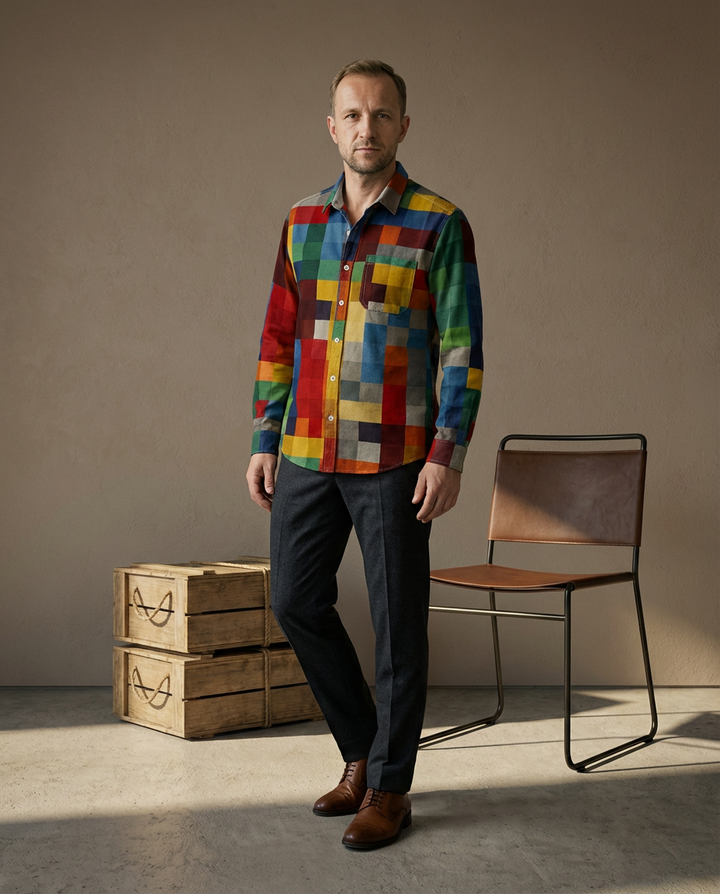 Męska Koszula w Stylu Patchwork | Luźny Krój | Bawełniana Tkanina | Artystyczny Design - 4