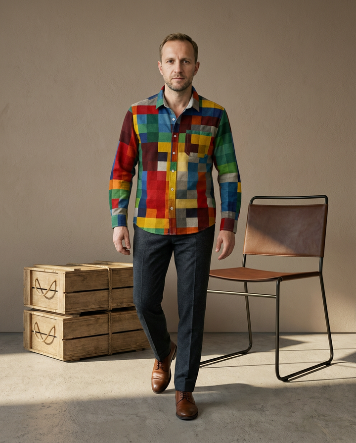 Męska Koszula w Stylu Patchwork | Luźny Krój | Bawełniana Tkanina | Artystyczny Design - 5