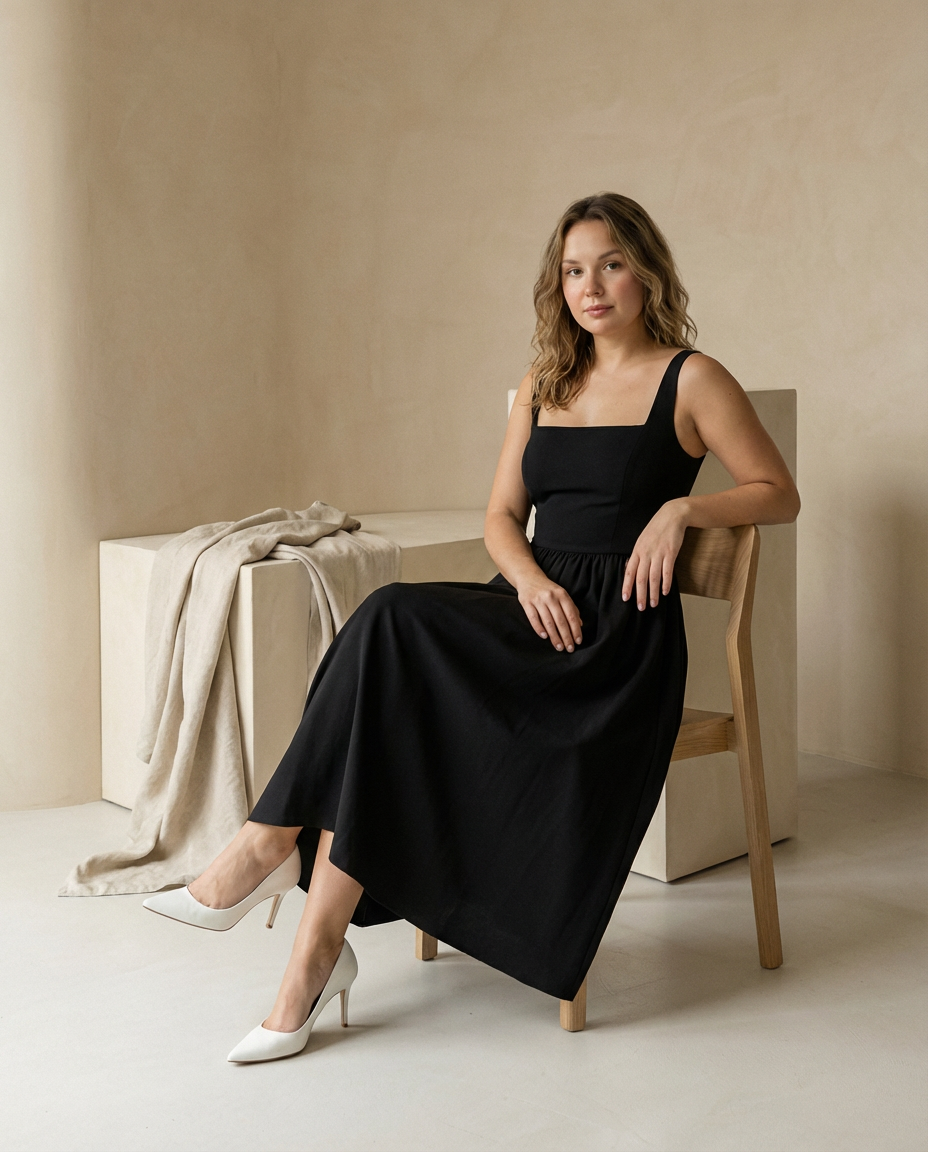 Elegancka Rozkloszowana Sukienka Midi | Bez Rękawów | Ponadczasowa i Szykowna - 5