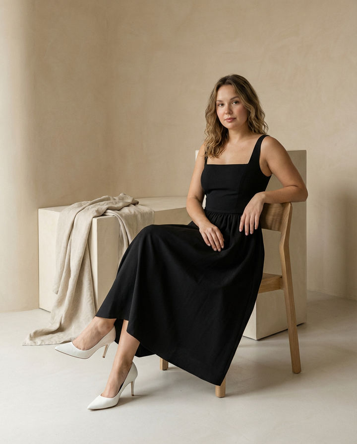 Elegancka Rozkloszowana Sukienka Midi | Bez Rękawów | Ponadczasowa i Szykowna - 5