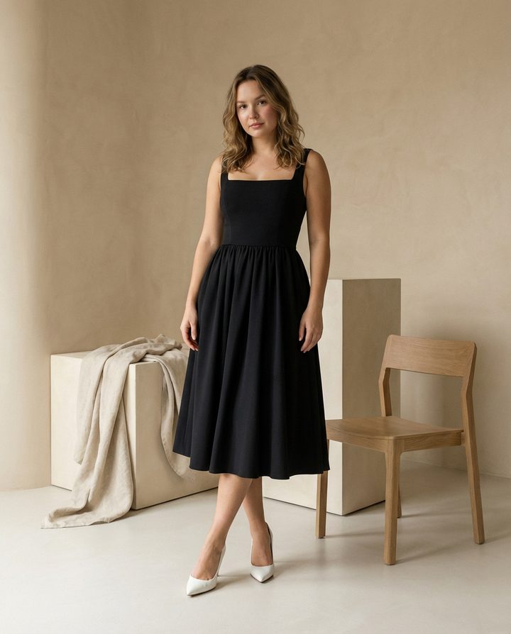 Elegancka Rozkloszowana Sukienka Midi | Bez Rękawów | Ponadczasowa i Szykowna - 4