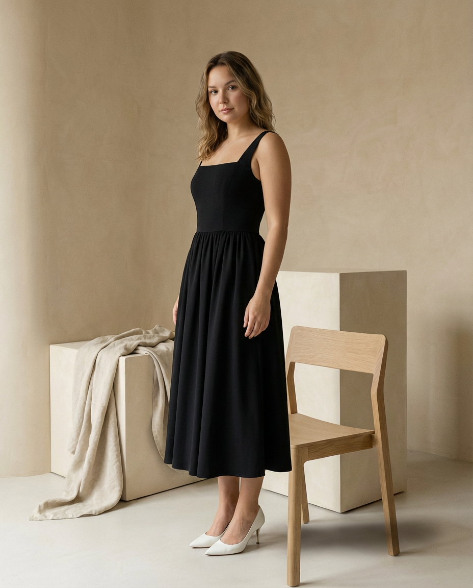 Elegancka Rozkloszowana Sukienka Midi | Bez Rękawów | Ponadczasowa i Szykowna - 3