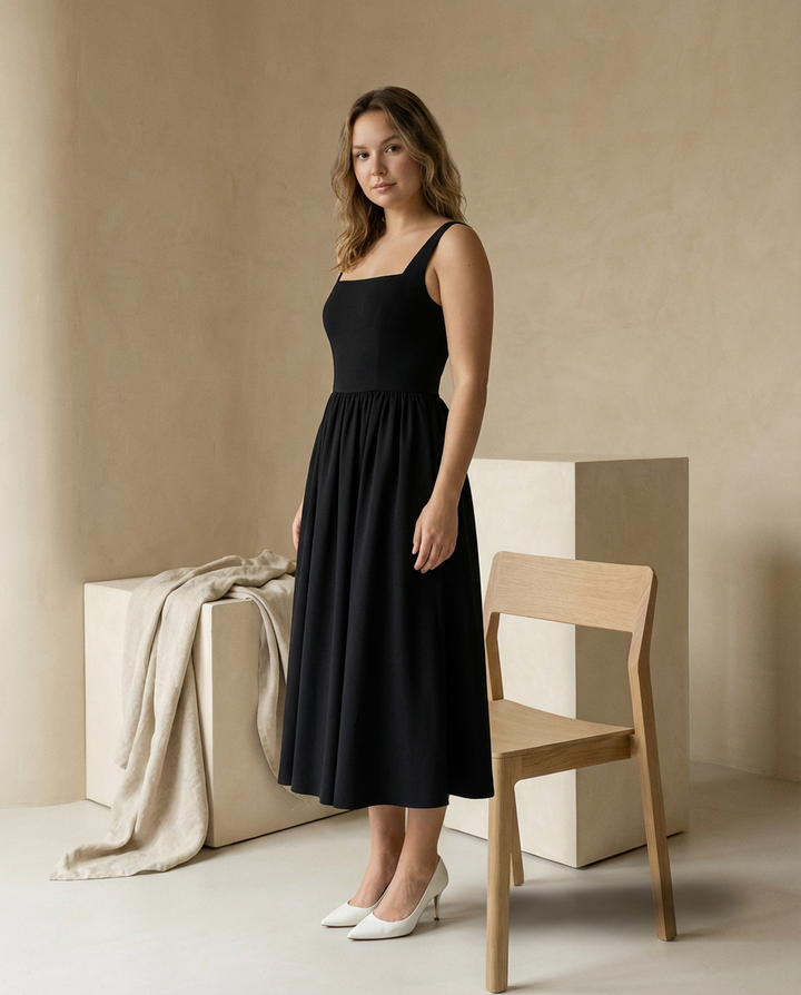 Elegancka Rozkloszowana Sukienka Midi | Bez Rękawów | Ponadczasowa i Szykowna - 3