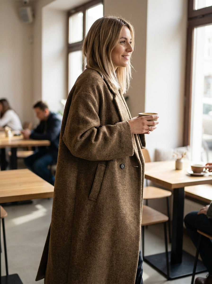 Płaszcz Damski Oversize | Miękka Wełniana Tkanina | Minimalistyczny Styl | Na Jesień i Zimę