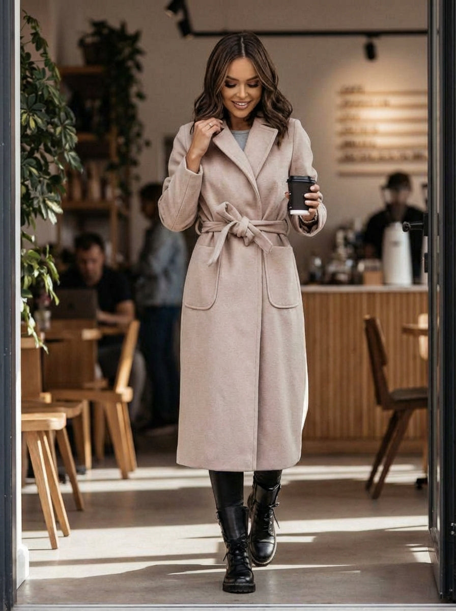 Płaszcz Wiązany w Talii | Miękki Materiał z Wełną | Długość Midi | Minimalistyczna Forma