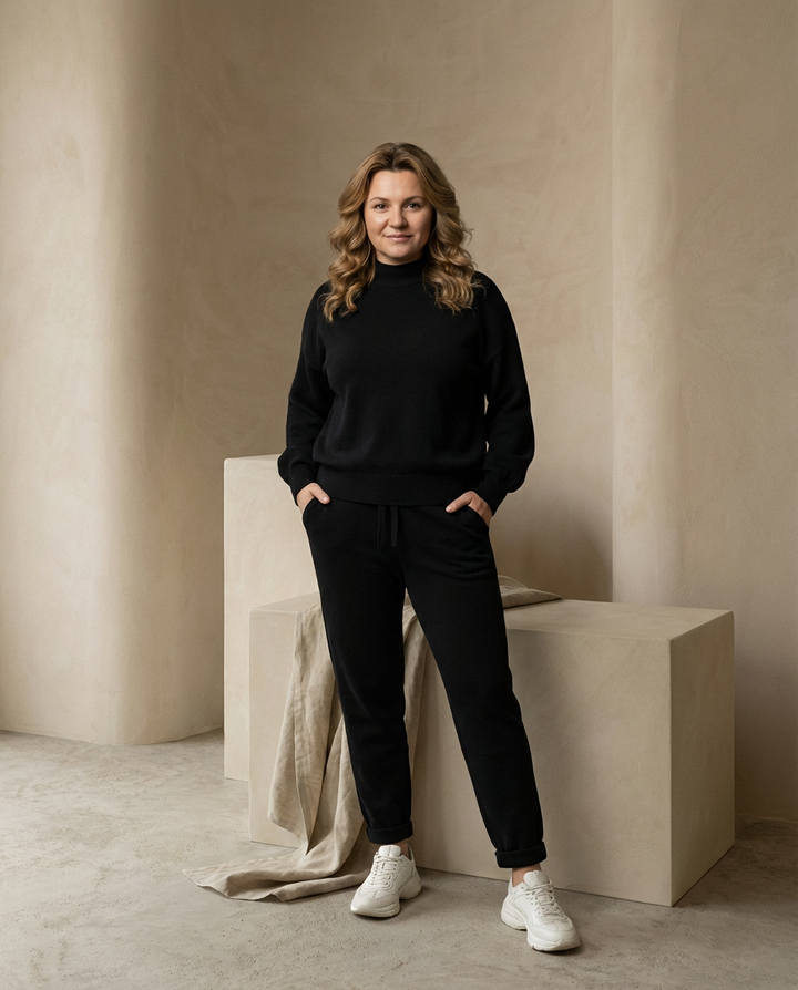 Daisy Dwuczęściowy Zestaw Domowy | Luźny Sweter z Golfem, Spodnie z Wysokim Stanem - 4