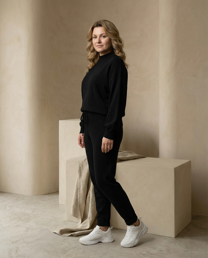 Daisy Dwuczęściowy Zestaw Domowy | Luźny Sweter z Golfem, Spodnie z Wysokim Stanem - 5