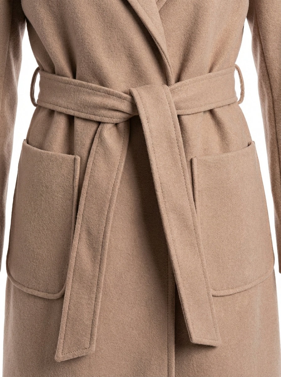 Płaszcz Wiązany w Talii | Miękki Materiał z Wełną | Długość Midi | Minimalistyczna Forma