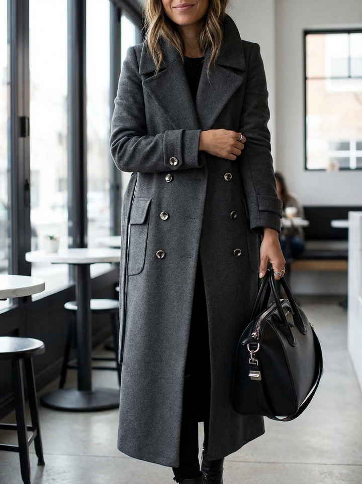 Płaszcz Damski Dwurzędowy | Długość Maxi | Klasyczny Kołnierz | Strukturalny Krój