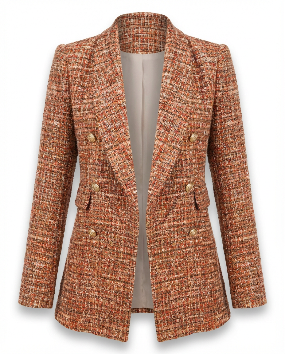 Zara Długi Żakiet Damski | Tkanina Bouclé, Klasyczna Krata, Złote Guziki - 10