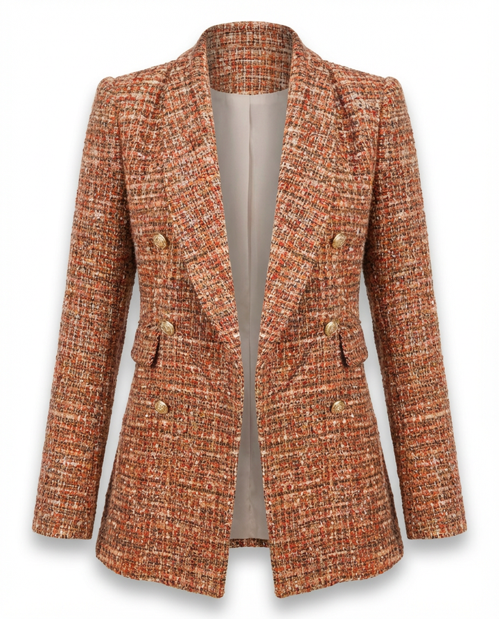 Zara Długi Żakiet Damski | Tkanina Bouclé, Klasyczna Krata, Złote Guziki - 10