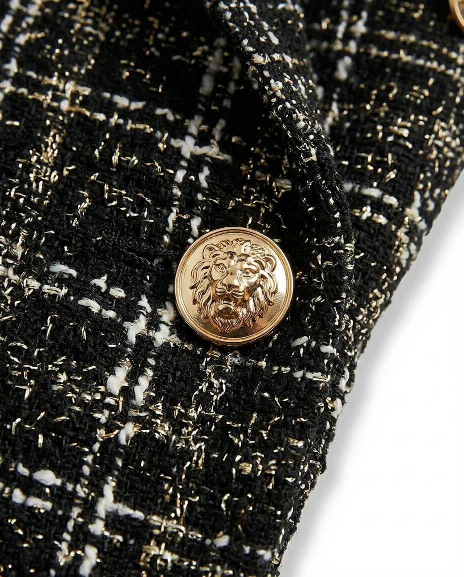 Zara Długi Żakiet Damski | Tkanina Bouclé, Klasyczna Krata, Złote Guziki - 7