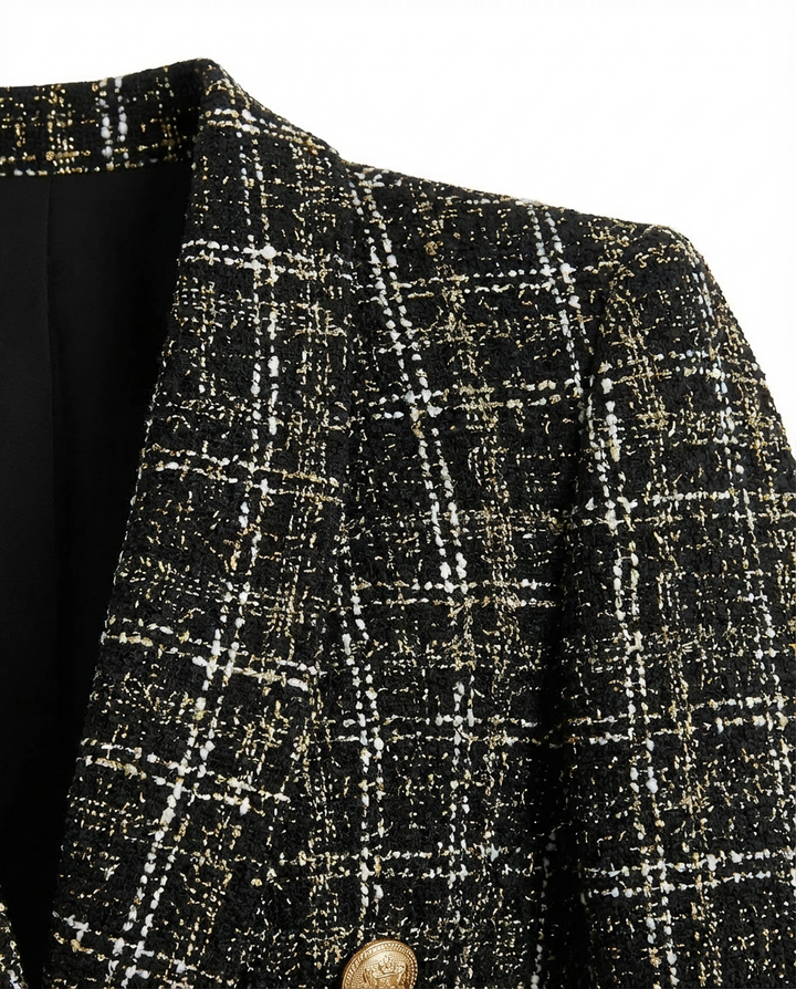 Zara Długi Żakiet Damski | Tkanina Bouclé, Klasyczna Krata, Złote Guziki - 6