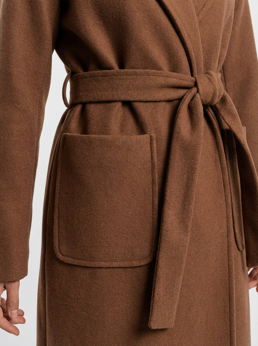 Płaszcz Wiązany w Talii | Miękki Materiał z Wełną | Długość Midi | Minimalistyczna Forma