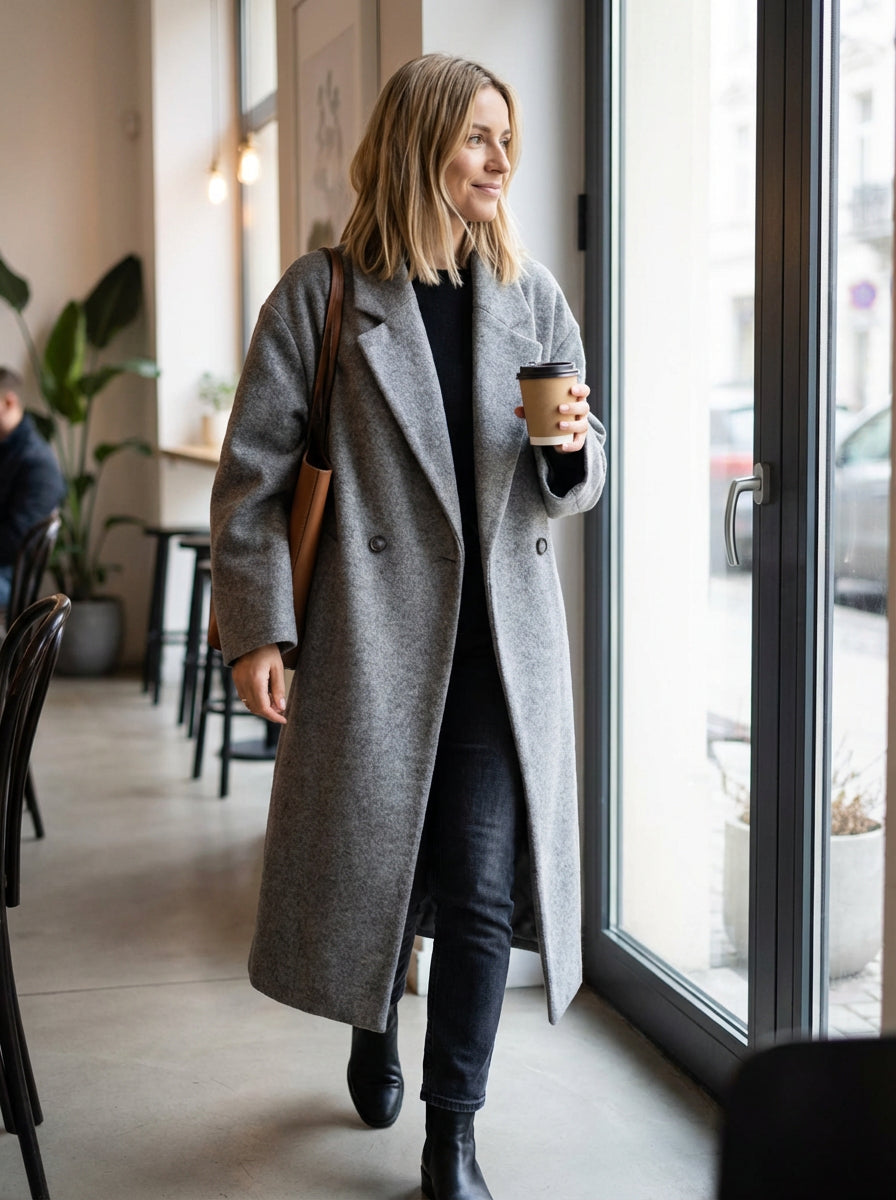 Płaszcz Damski Oversize | Miękka Wełniana Tkanina | Minimalistyczny Styl | Na Jesień i Zimę