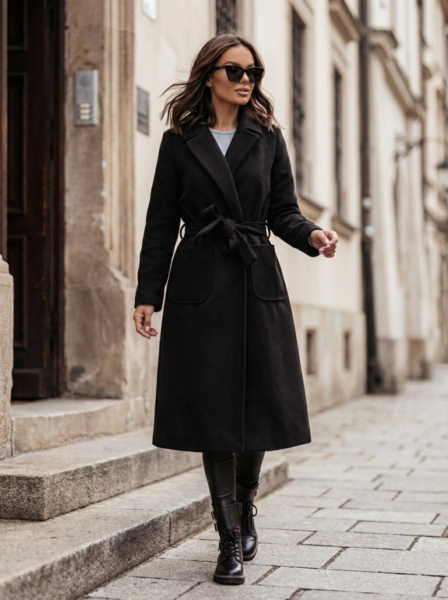 Płaszcz Wiązany w Talii | Miękki Materiał z Wełną | Długość Midi | Minimalistyczna Forma