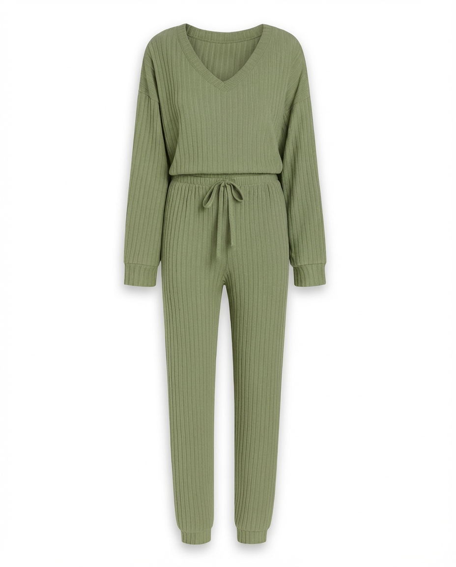 Damski Komplet Dzianinowy | Prążkowana Tkanina | Swobodny Krój | Na Co Dzień i Do Domu - 9