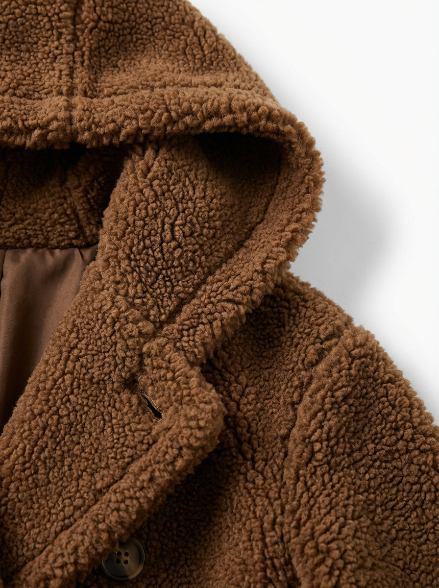 Długi Płaszcz Teddy z Kapturem | Miękki Materiał | Elegancki Fason