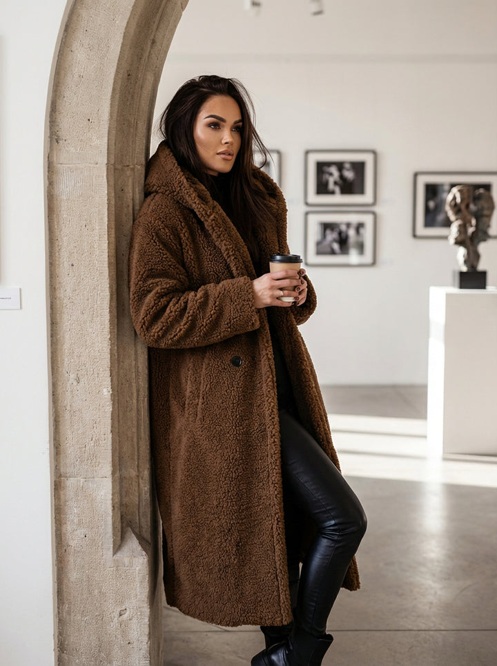 Długi Płaszcz Teddy z Kapturem | Miękki Materiał | Elegancki Fason