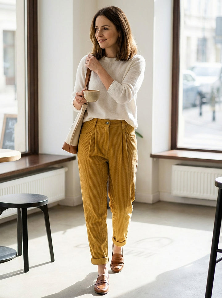 Damskie Sztruksowe Spodnie Casual | Luźny Krój | Wysoki Stan | Styl Vintage