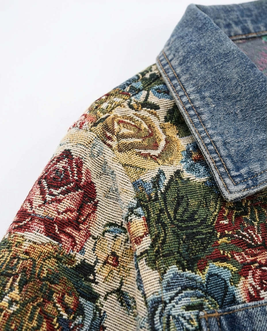 Kurtka Dżinsowa Damska Dzinsowka | Luźny Krój | Kwiatowe Detale | Na Co Dzień