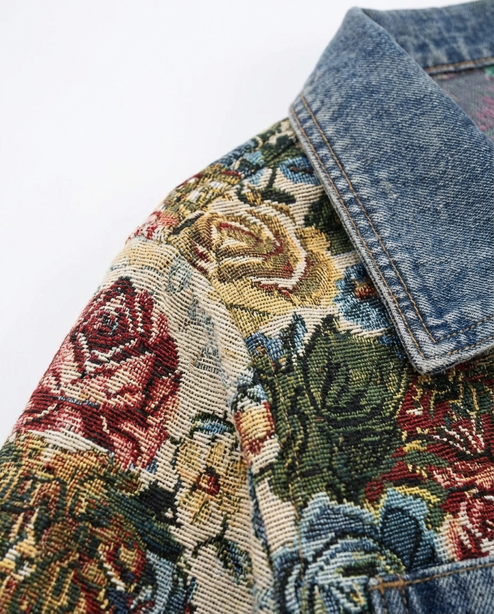 Kurtka Dżinsowa Damska Dzinsowka | Luźny Krój | Kwiatowe Detale | Na Co Dzień