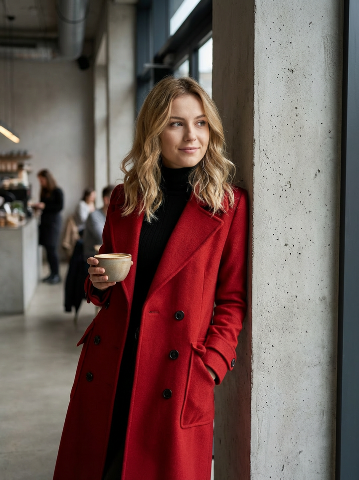 Płaszcz Damski Dwurzędowy | Długość Maxi | Klasyczny Kołnierz | Strukturalny Krój