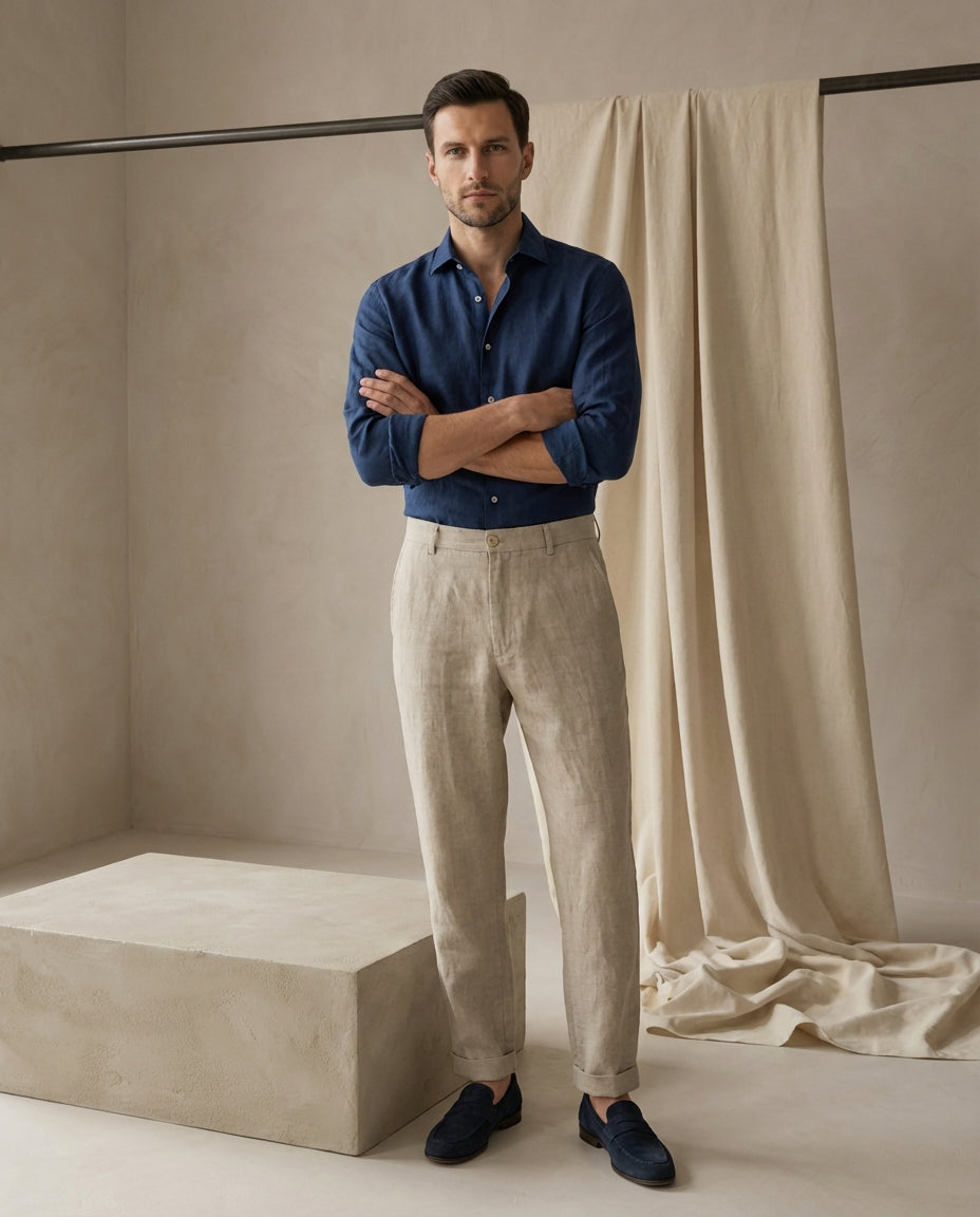 Lniane spodnie męskie | Prosty krój | Oddychający materiał | Na wiosnę i lato