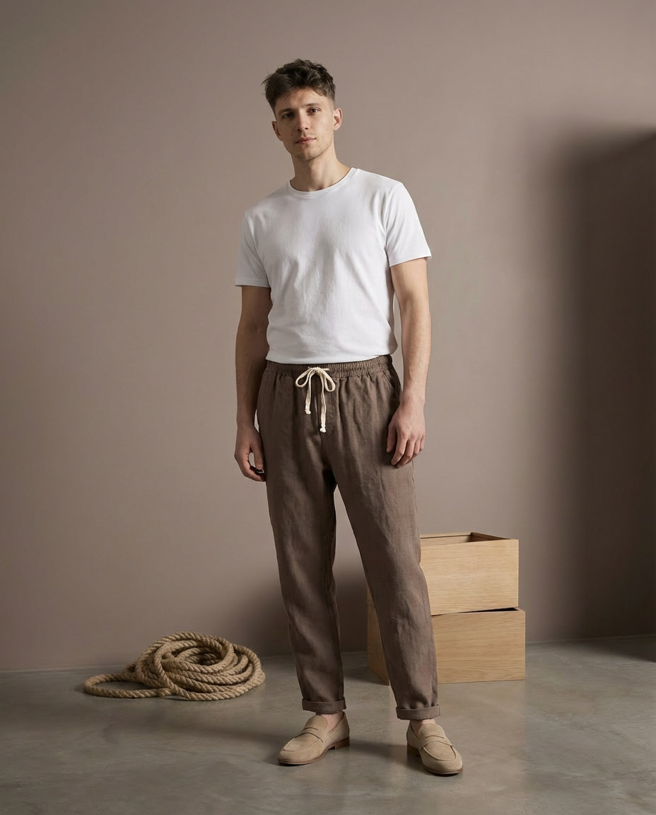 Lniane spodnie męskie | Prosty krój | Elastyczna talia | Luźne