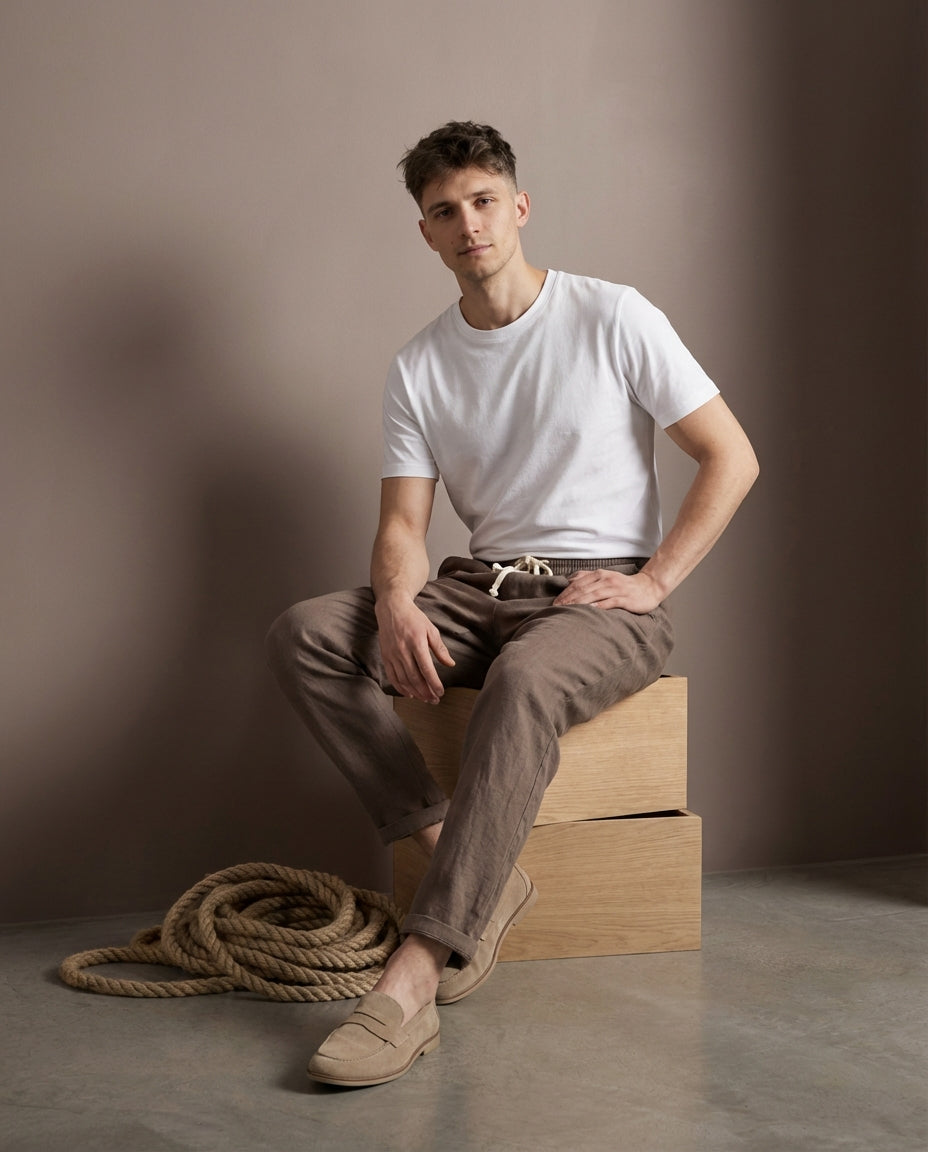 Lniane spodnie męskie | Prosty krój | Elastyczna talia | Luźne