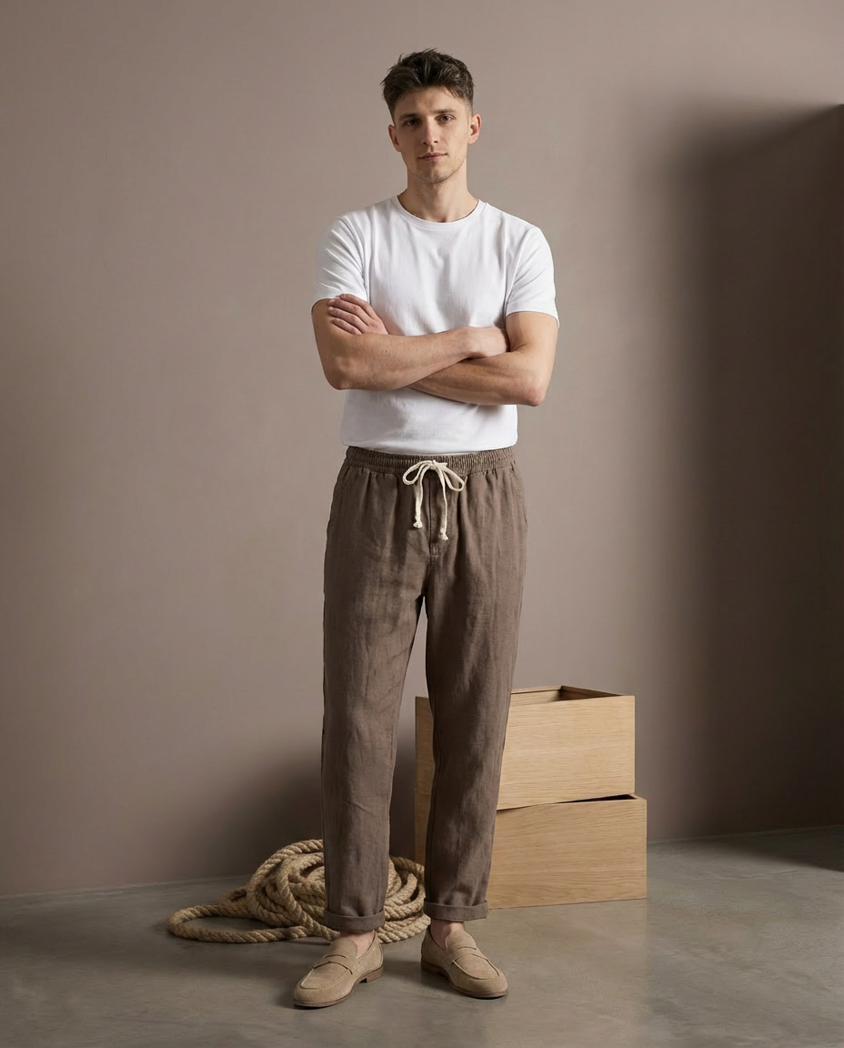 Lniane spodnie męskie | Prosty krój | Elastyczna talia | Luźne