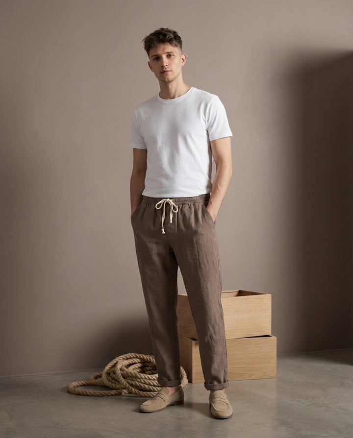 Lniane spodnie męskie | Prosty krój | Elastyczna talia | Luźne