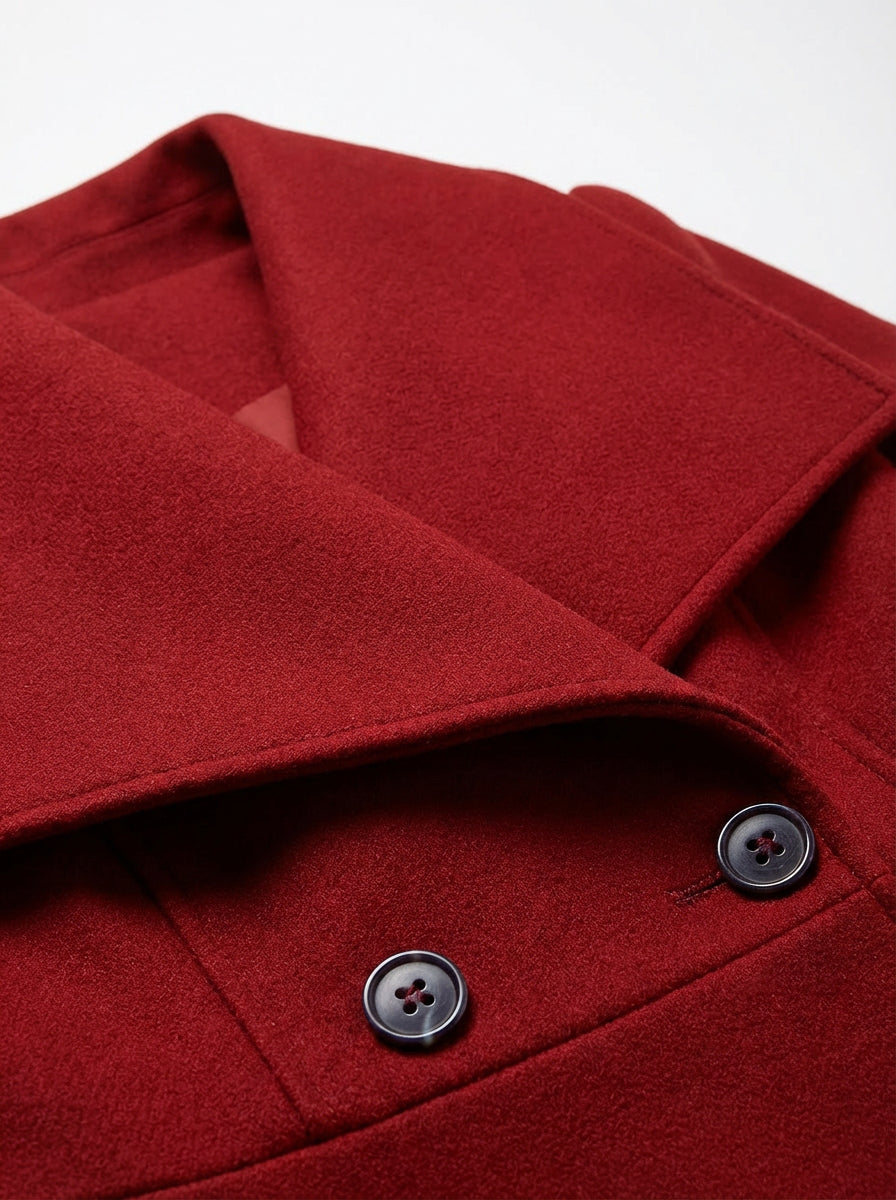 Damski Elegancki Płaszcz w Kolorze Czerwonym | Taliowany Krój | Klasyczny Dwurzędowy Design