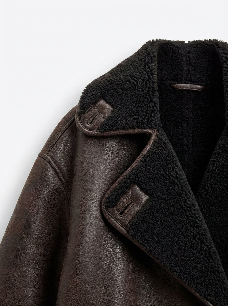 Kurtka z Eko-Skóry z Futerkiem | Luźny Krój | Styl Biker na Zimę