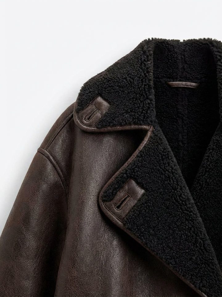 Kurtka z Eko-Skóry z Futerkiem | Luźny Krój | Styl Biker na Zimę