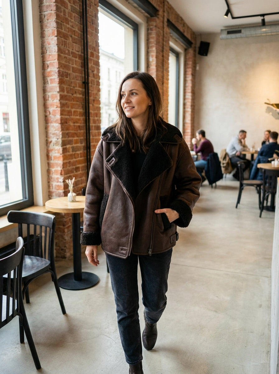 Kurtka z Eko-Skóry z Futerkiem | Luźny Krój | Styl Biker na Zimę