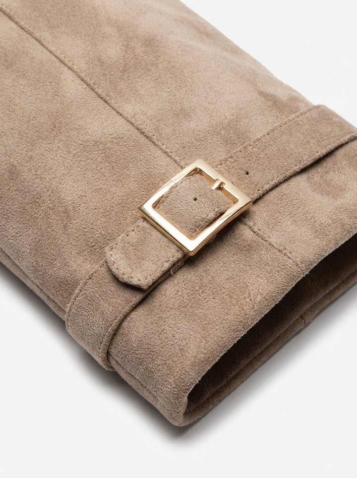 Kozaki Damskie z Szeroką Cholewką | Zamszowy Efekt | Szpiczasty Nosek | Nowoczesny Styl z Klamrą