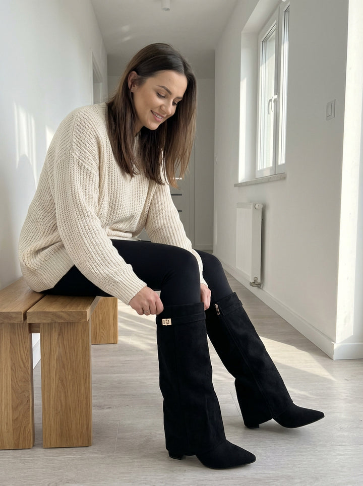 Kozaki Damskie z Szeroką Cholewką | Zamszowy Efekt | Szpiczasty Nosek | Nowoczesny Styl z Klamrą