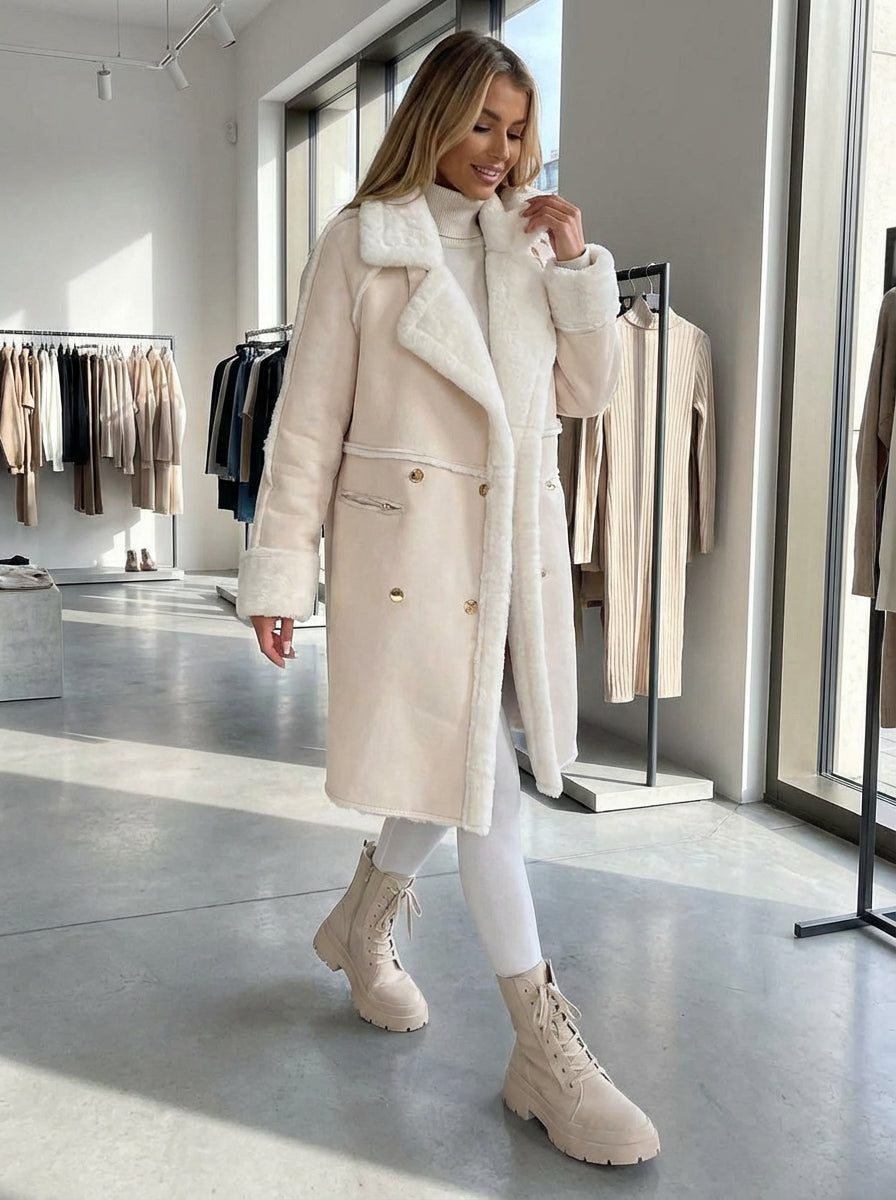 Damski Płaszcz z Futerkiem | Oversize | Dwurzędowe Zapięcie