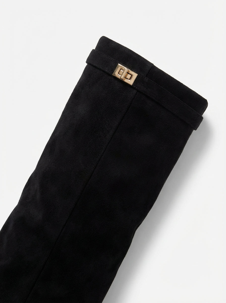 Kozaki Damskie z Szeroką Cholewką | Zamszowy Efekt | Szpiczasty Nosek | Nowoczesny Styl z Klamrą