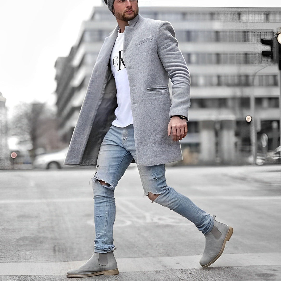 Męski Płaszcz z Kołnierzem Stójką | Elegancki Fason | Lekka Tkanina | Na Wiosnę i Jesień