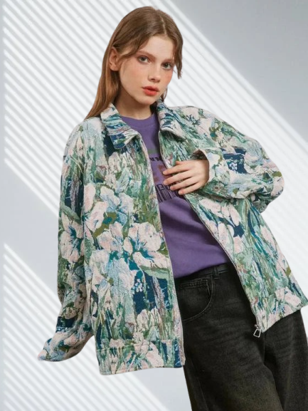 Kurtka Damska z Kwiatowym Wzorem | Lekka i Stylowa | Zamek Błyskawiczny | Wiosenno-Letni Fason