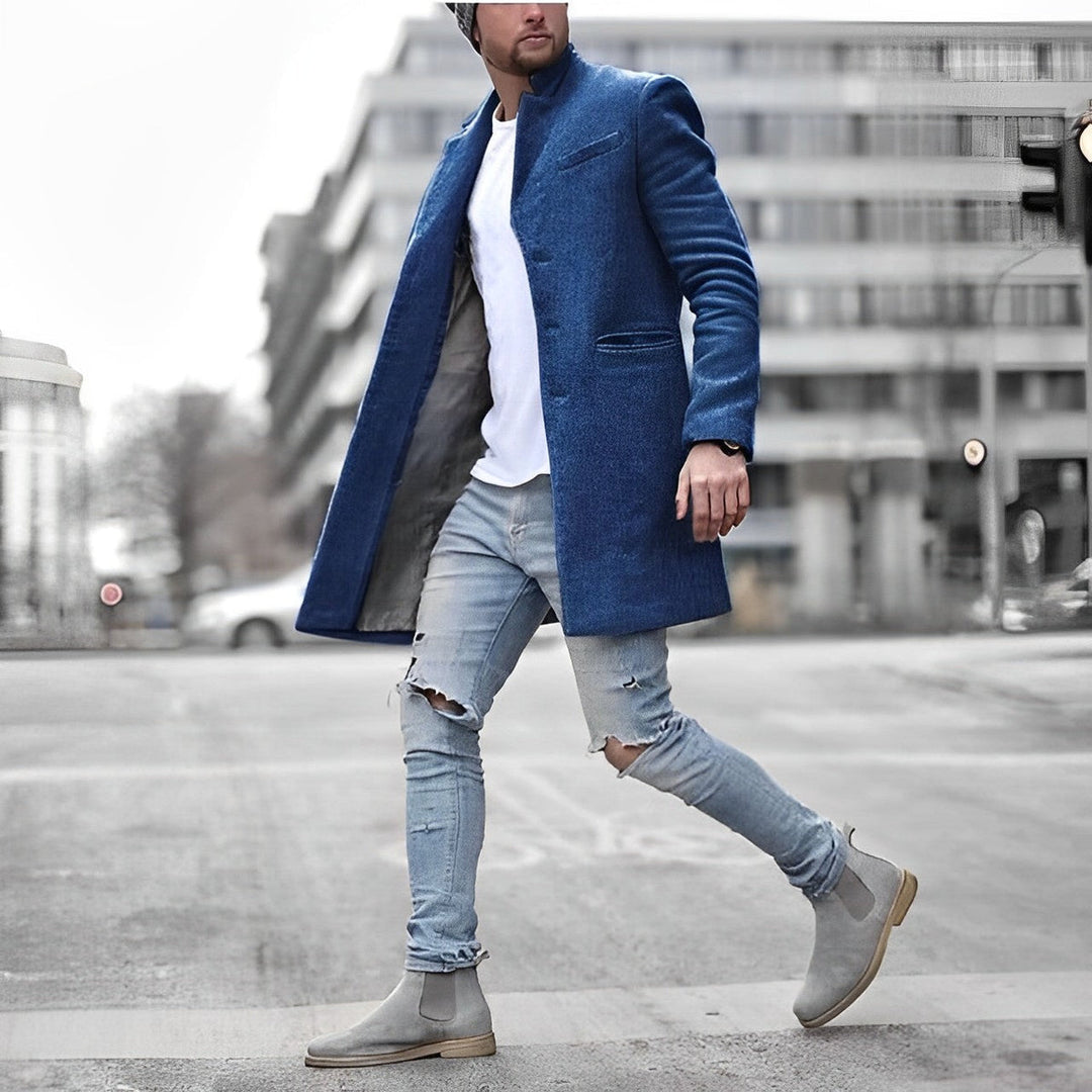 Męski Płaszcz z Kołnierzem Stójką | Elegancki Fason | Lekka Tkanina | Na Wiosnę i Jesień