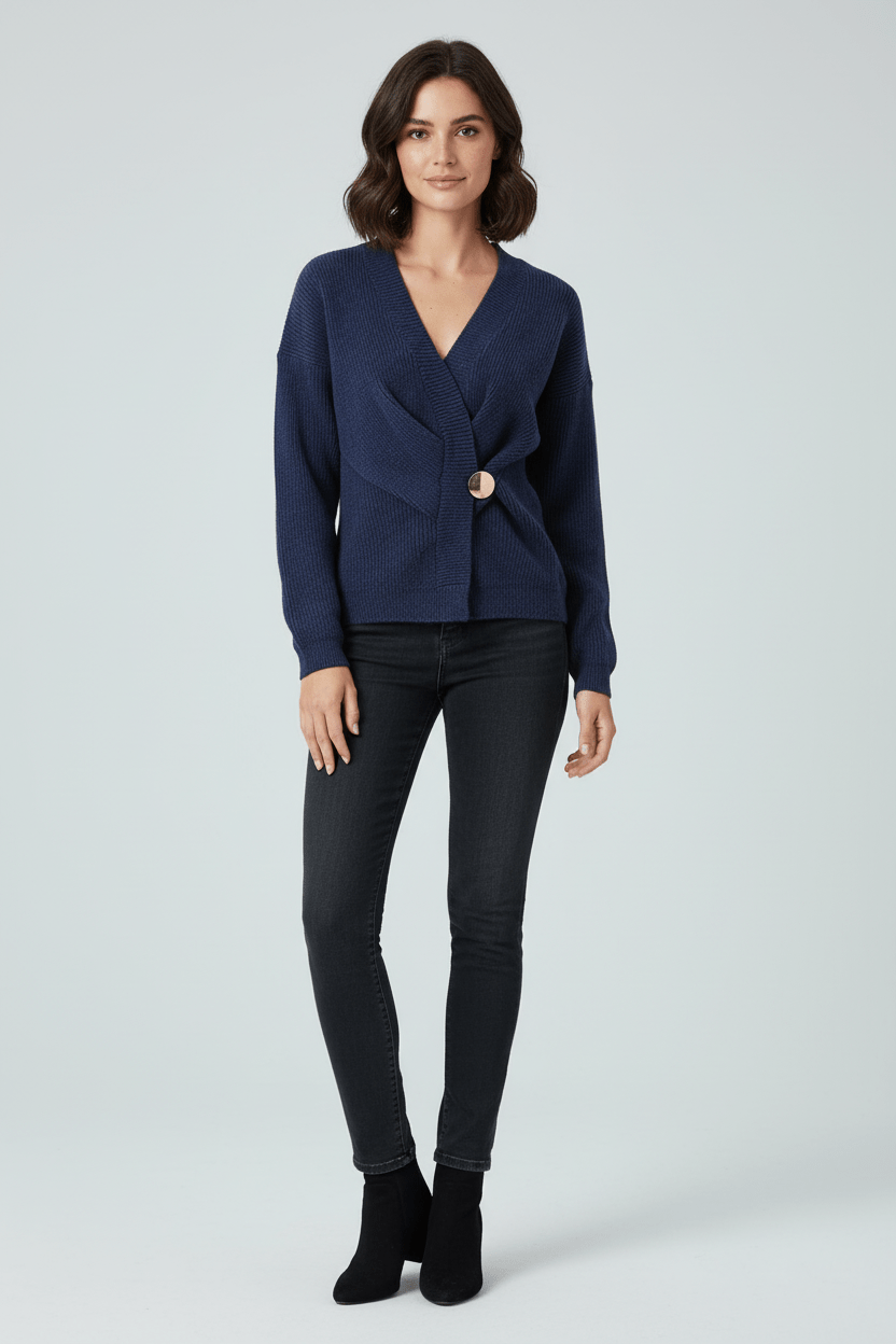 Sweter z Kopertowym Zapięciem | Dzianina o Strukturze Prążków | Stylowy z Ozdobnym Guzikiem